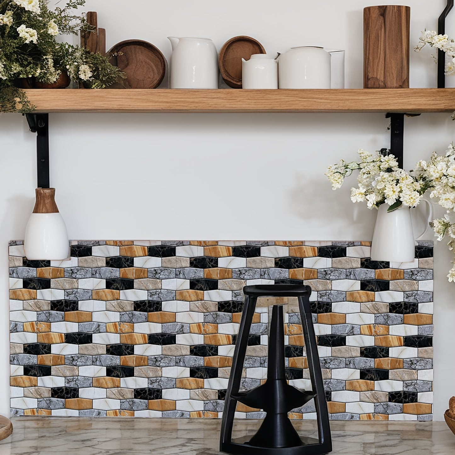 10PCS 3D Peel and Stick Backsplash Tiles – Thicker Self-Adhesive PVC Wall Panels, Marble Black & Ceramic Patterns, Waterproof DIY Brick Stickers (11.8"x11.8")