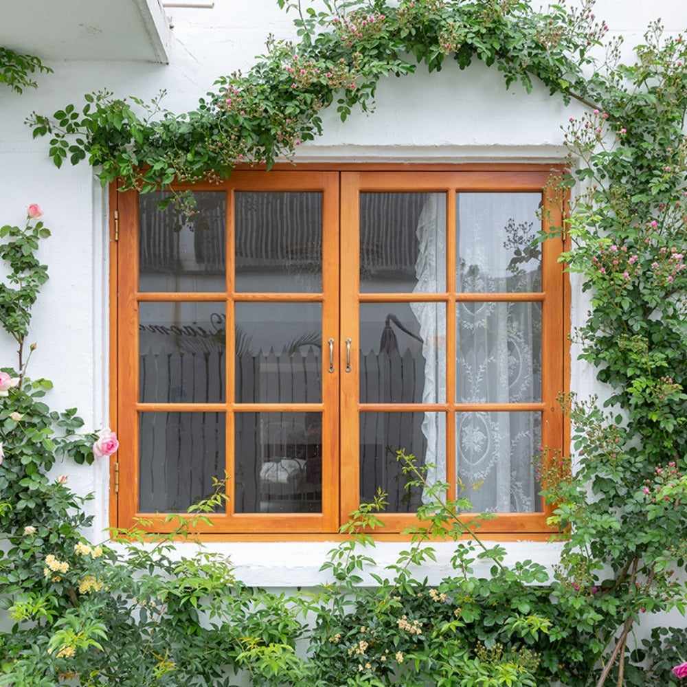 Solid Wood Double Casement Window – Natural Timber Frame for Café, Cottage & Boutique Interiors