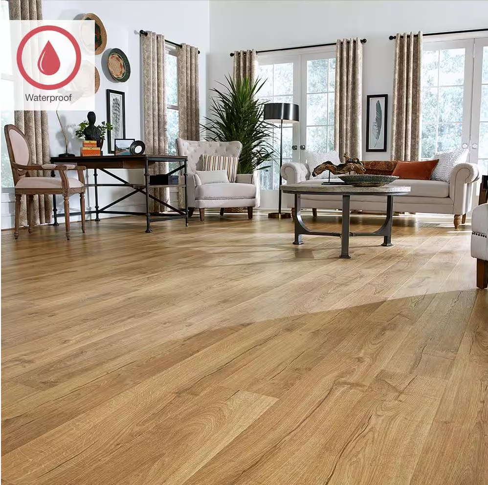 Marigold Oak Laminate Wood Flooring – 12mm Waterproof Planks, 7.4" Wide, Natural Wood Look, 1 sq.ft