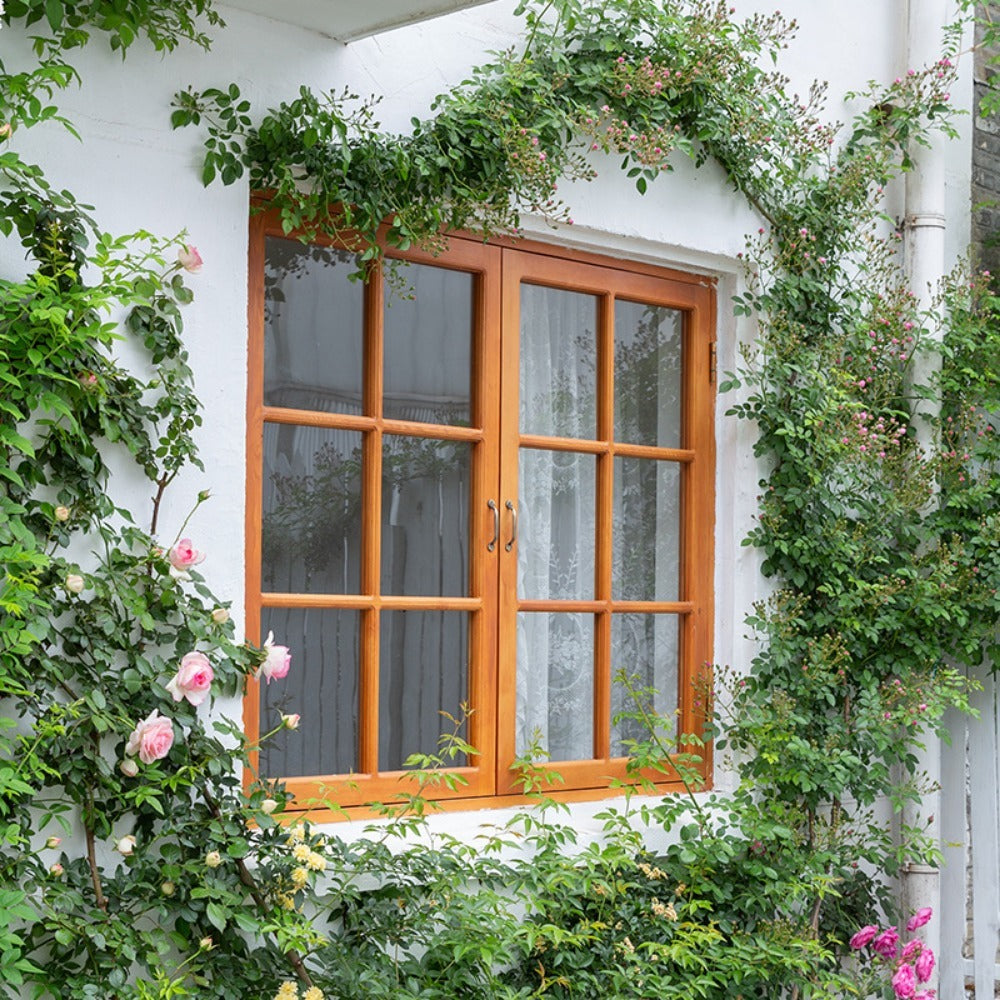 Solid Wood Double Casement Window – Natural Timber Frame for Café, Cottage & Boutique Interiors