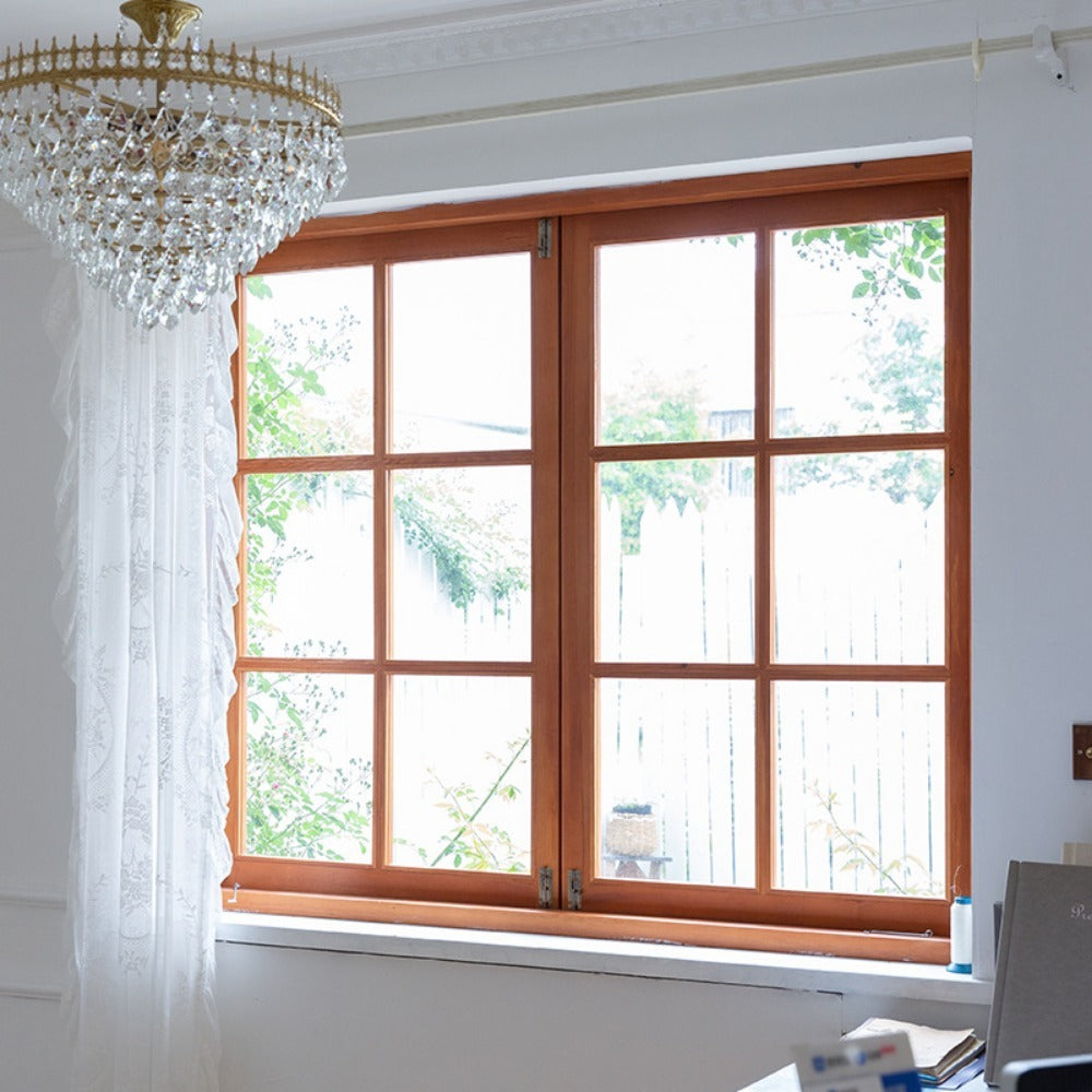 Solid Wood Double Casement Window – Natural Timber Frame for Café, Cottage & Boutique Interiors