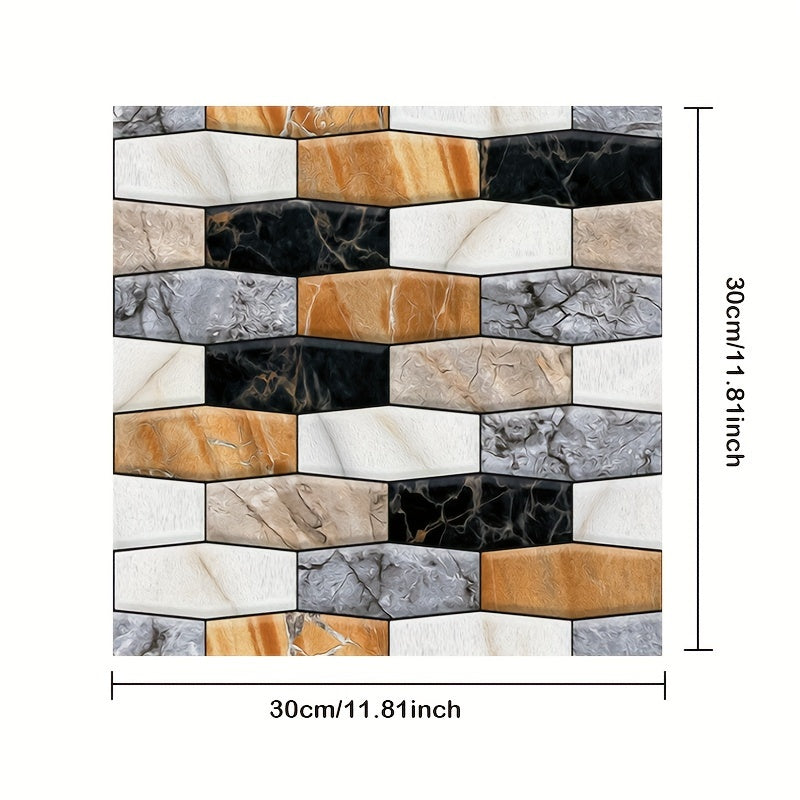 10PCS 3D Peel and Stick Backsplash Tiles – Thicker Self-Adhesive PVC Wall Panels, Marble Black & Ceramic Patterns, Waterproof DIY Brick Stickers (11.8"x11.8")
