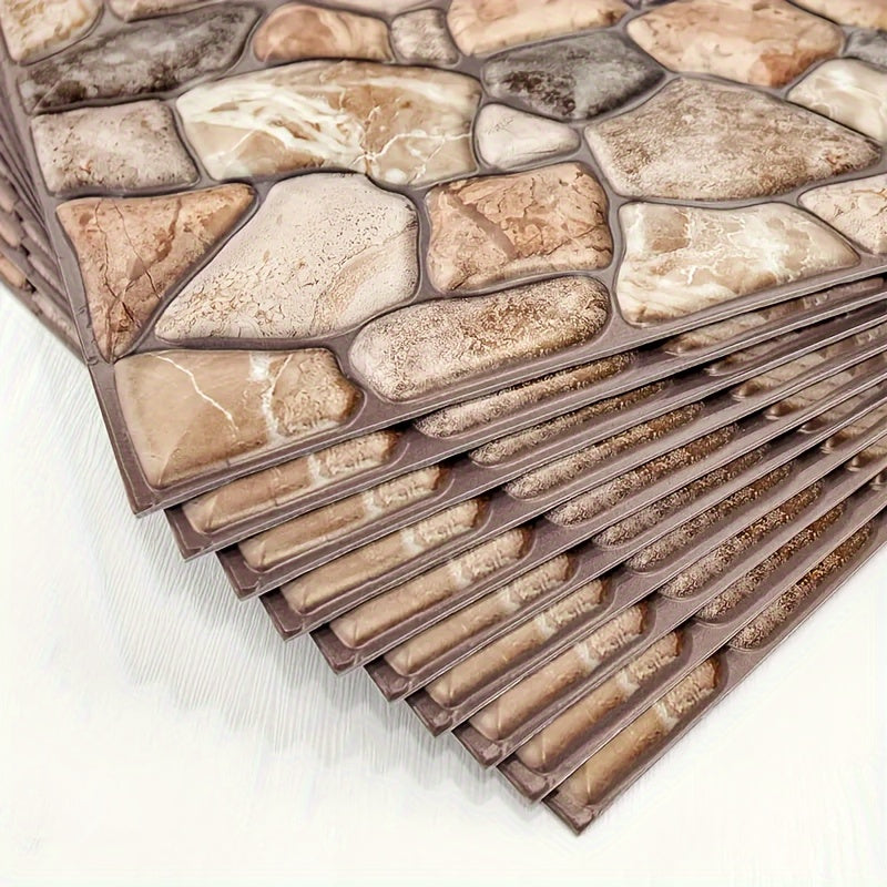 10pcs 3D Decorative Faux Stone Peel and Stick Wall Stickers – Thickened, Waterproof & Heat Resistant Self-Adhesive Panels for Kitchen, Bathroom & Living Room