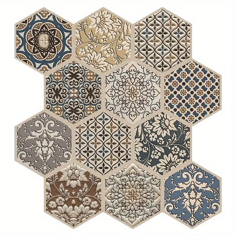 12pcs 3D Bohemian Hexagon Peel and Stick Wall Tiles – Waterproof, Heat-Resistant BOHO Decor for Living Room, Kitchen & Bathroom