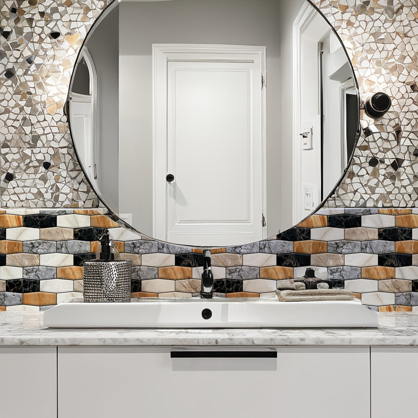 10PCS 3D Peel and Stick Backsplash Tiles – Thicker Self-Adhesive PVC Wall Panels, Marble Black & Ceramic Patterns, Waterproof DIY Brick Stickers (11.8"x11.8")