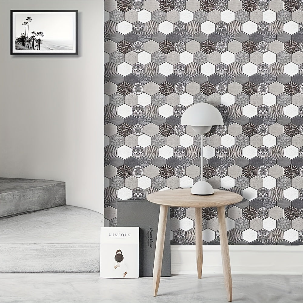 10pcs 3D Bohemian Gray Hexagon Peel and Stick Tiles – Self-Adhesive, Waterproof DIY Wall Stickers
