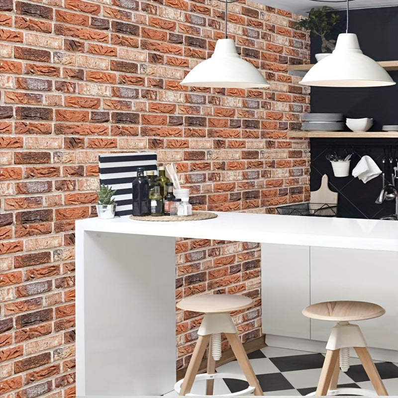 10pcs 3D Red Brick Backsplash Wall Stickers – Self-Adhesive Faux Stone PVC Panels, Retro Brick Effect for Kitchen, Living Room, Office Decor