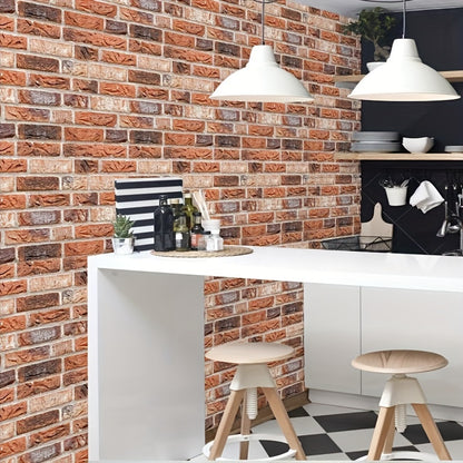 10pcs 3D Red Brick Backsplash Wall Stickers – Self-Adhesive Faux Stone PVC Panels, Retro Brick Effect for Kitchen, Living Room, Office Decor