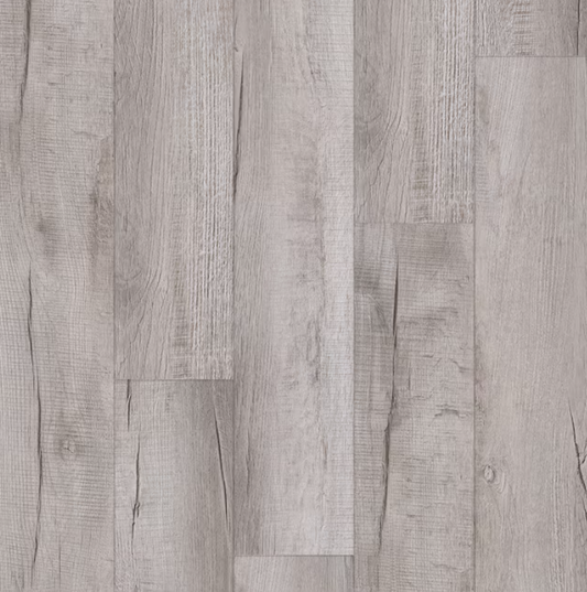 Light gray - toned wood - look flooring with textured grain and subtle knots, offering a modern and rustic charm.