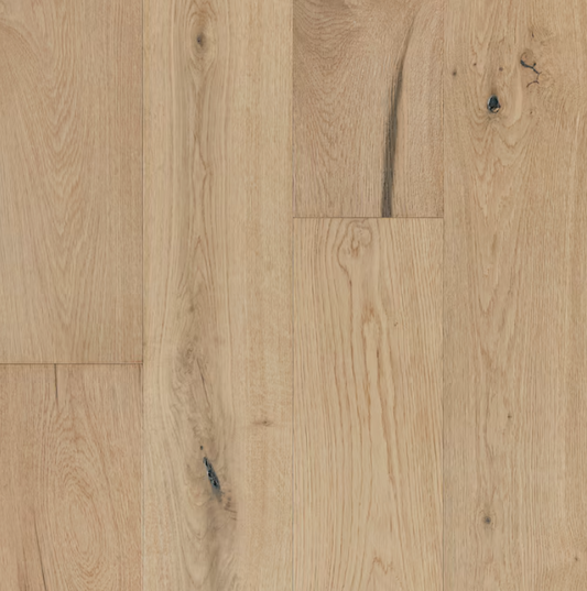 Light - colored oak flooring with natural wood grain and occasional knots, presenting a warm and rustic charm.
