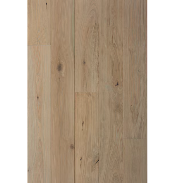 Light - toned white oak flooring with visible natural wood grain and occasional knots, exuding a rustic and warm aesthetic.