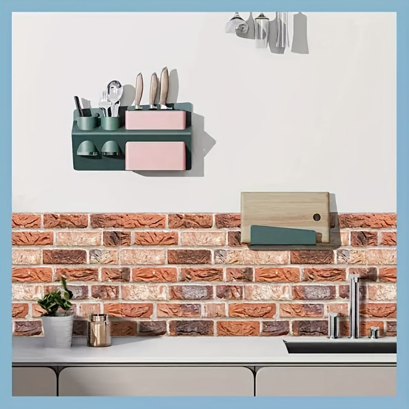 10pcs 3D Red Brick Backsplash Wall Stickers – Self-Adhesive Faux Stone PVC Panels, Retro Brick Effect for Kitchen, Living Room, Office Decor