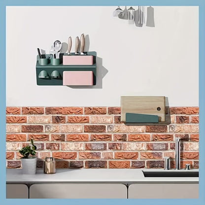 10pcs 3D Red Brick Backsplash Wall Stickers – Self-Adhesive Faux Stone PVC Panels, Retro Brick Effect for Kitchen, Living Room, Office Decor