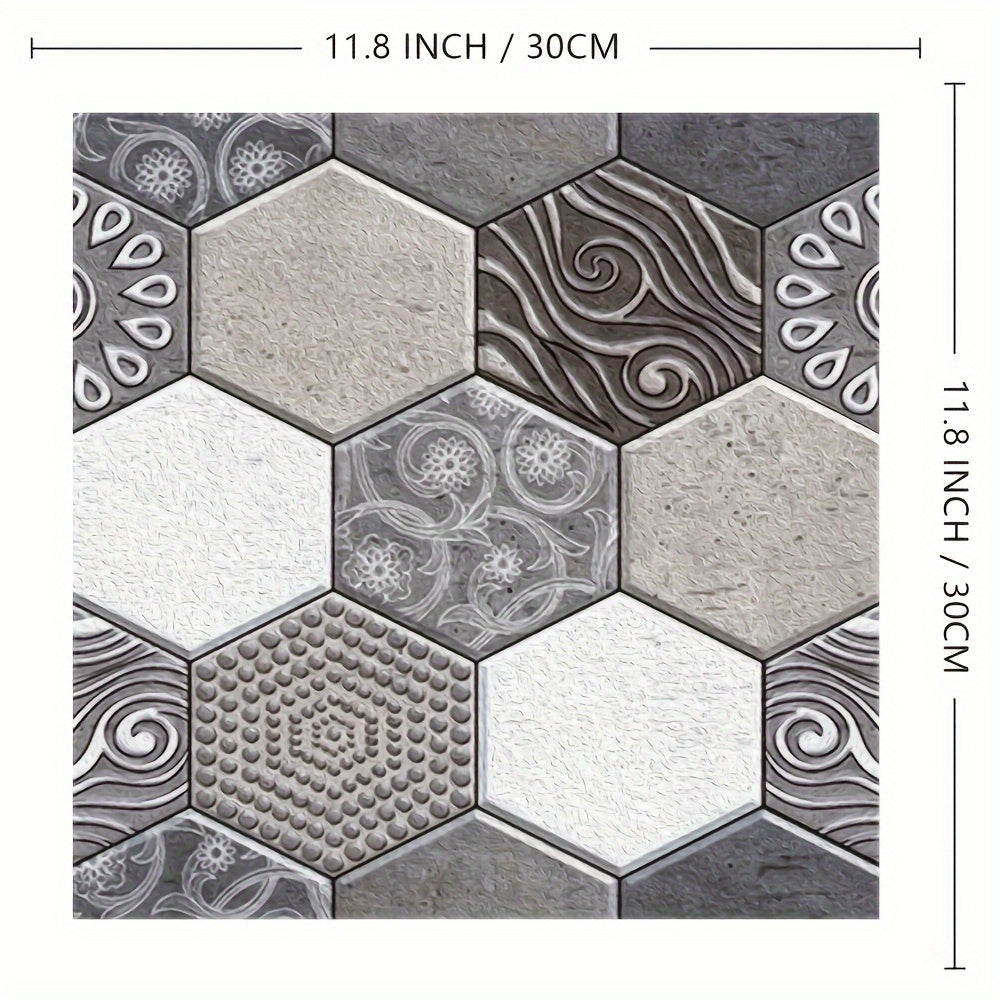 10pcs 3D Bohemian Gray Hexagon Peel and Stick Tiles – Self-Adhesive, Waterproof DIY Wall Stickers