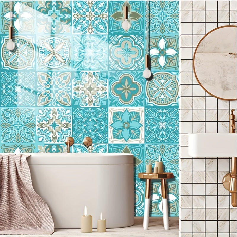 16pcs Blue Patterned Frosted Floor & Wall Stickers – Waterproof Self-Adhesive 3D Tiles for Bathroom & Kitchen DIY Decor