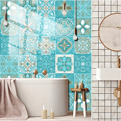 16pcs Blue Patterned Frosted Floor & Wall Stickers – Waterproof Self-Adhesive 3D Tiles for Bathroom & Kitchen DIY Decor