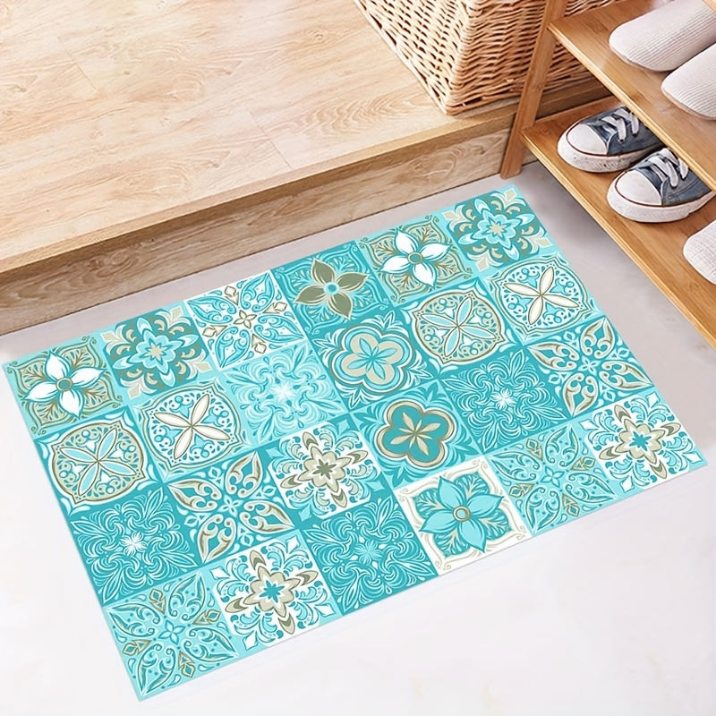 16pcs Blue Patterned Frosted Floor & Wall Stickers – Waterproof Self-Adhesive 3D Tiles for Bathroom & Kitchen DIY Decor