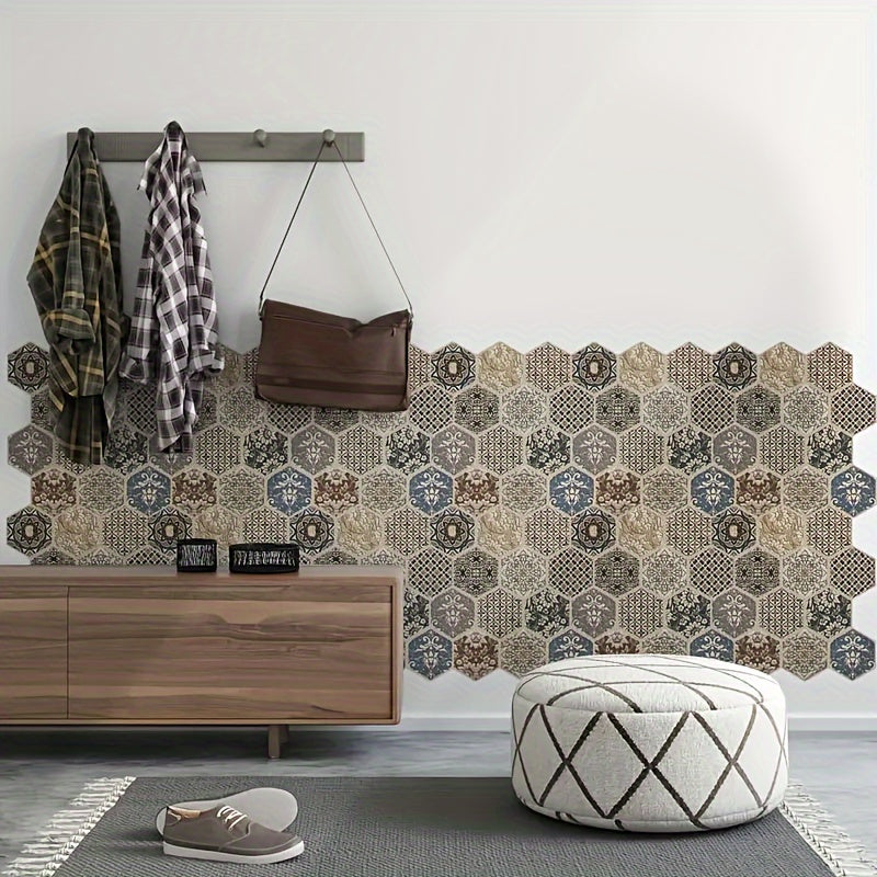 12pcs 3D Bohemian Hexagon Peel and Stick Wall Tiles – Waterproof, Heat-Resistant BOHO Decor for Living Room, Kitchen & Bathroom