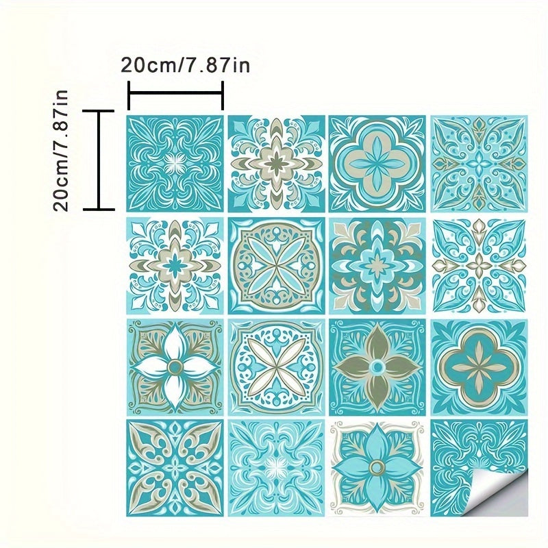 16pcs Blue Patterned Frosted Floor & Wall Stickers – Waterproof Self-Adhesive 3D Tiles for Bathroom & Kitchen DIY Decor