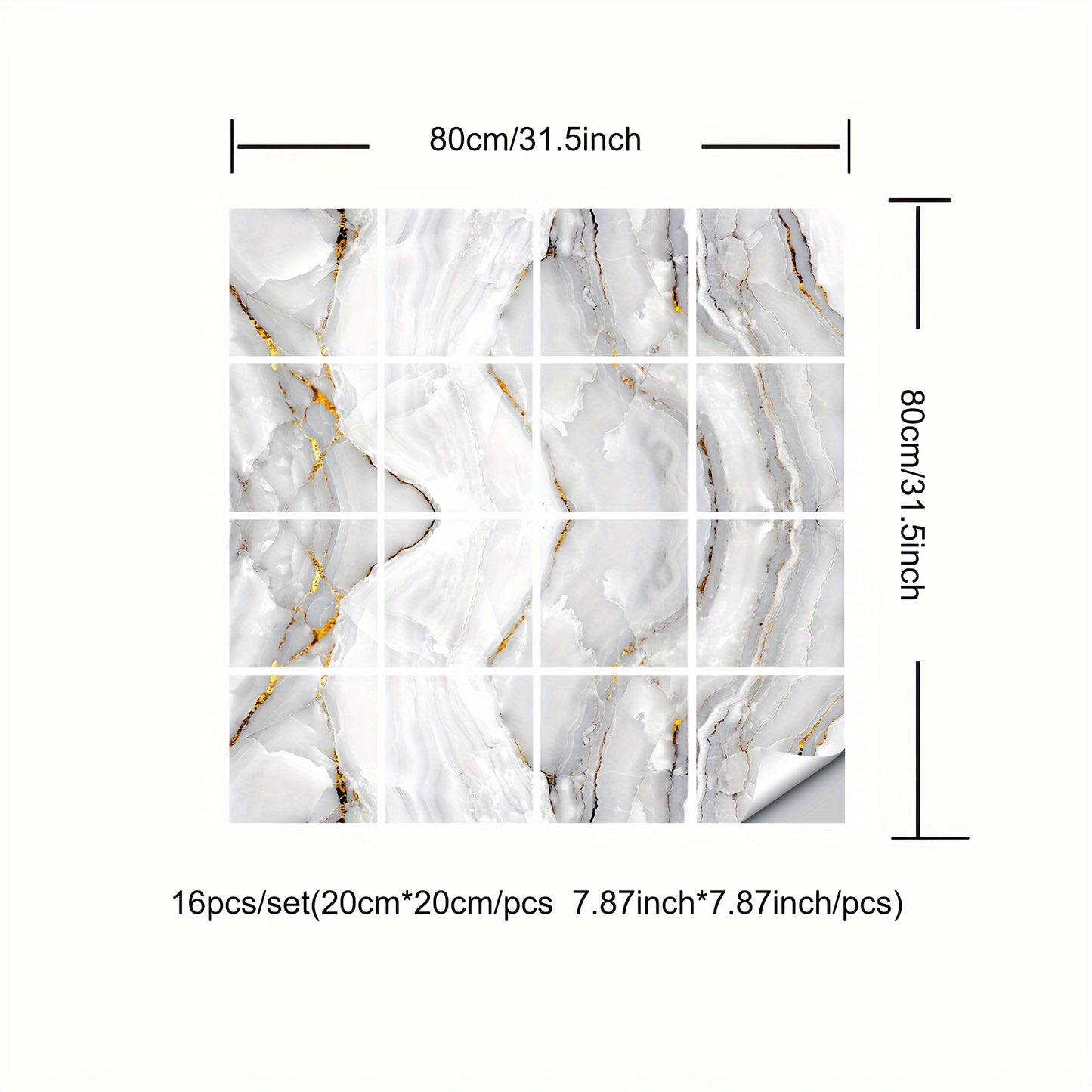 16pcs Marble Tile Stickers – Self-Adhesive, Waterproof DIY Wall Stickers for Kitchen, Cupboard & Bathroom