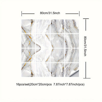 16pcs Marble Tile Stickers – Self-Adhesive, Waterproof DIY Wall Stickers for Kitchen, Cupboard & Bathroom