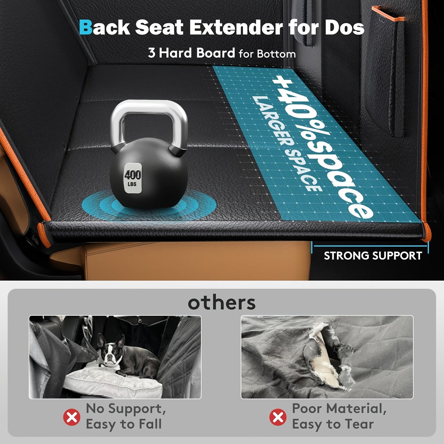Dog Car Seat Extender – PU Leather Waterproof Hammock with Hard Bottom, 400 lbs Load, for SUVs & Cars