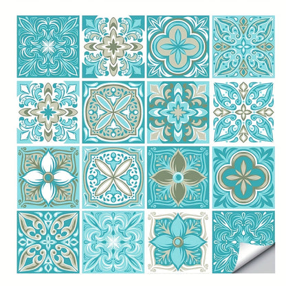 16pcs Blue Patterned Frosted Floor & Wall Stickers – Waterproof Self-Adhesive 3D Tiles for Bathroom & Kitchen DIY Decor