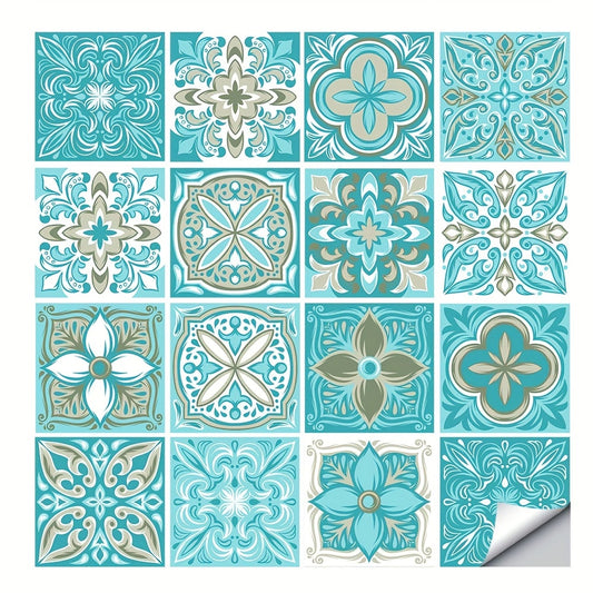 16pcs Blue Patterned Frosted Floor & Wall Stickers – Waterproof Self-Adhesive 3D Tiles for Bathroom & Kitchen DIY Decor