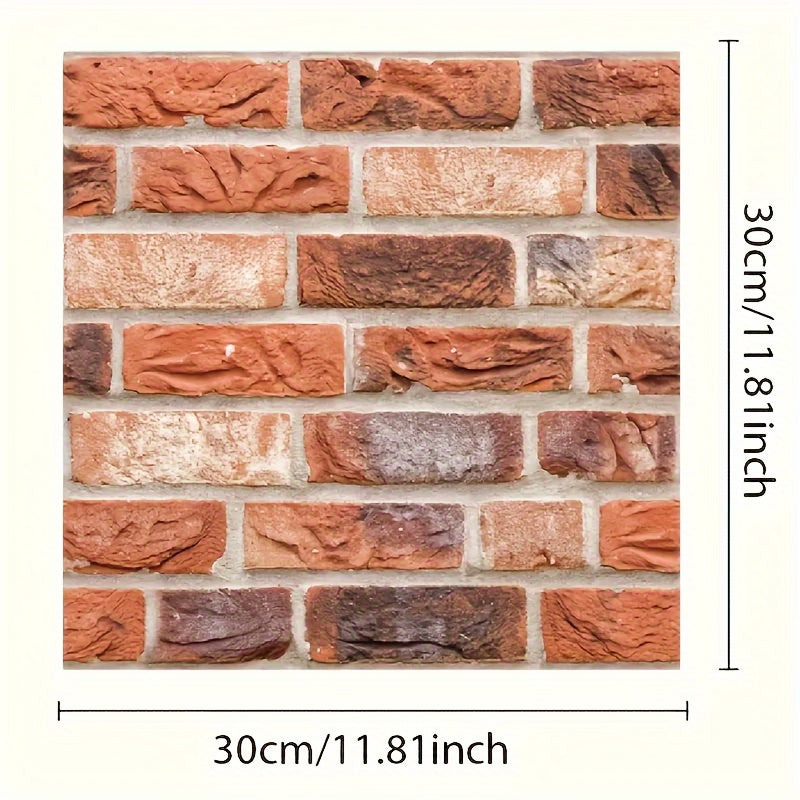 10pcs 3D Red Brick Backsplash Wall Stickers – Self-Adhesive Faux Stone PVC Panels, Retro Brick Effect for Kitchen, Living Room, Office Decor