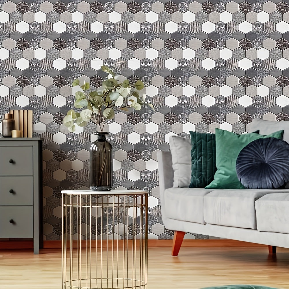 10pcs 3D Bohemian Gray Hexagon Peel and Stick Tiles – Self-Adhesive, Waterproof DIY Wall Stickers