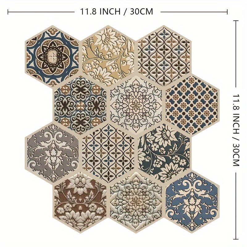 12pcs 3D Bohemian Hexagon Peel and Stick Wall Tiles – Waterproof, Heat-Resistant BOHO Decor for Living Room, Kitchen & Bathroom