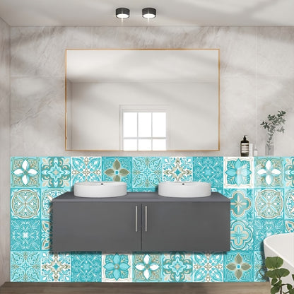 16pcs Blue Patterned Frosted Floor & Wall Stickers – Waterproof Self-Adhesive 3D Tiles for Bathroom & Kitchen DIY Decor